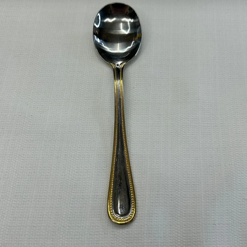 6 pc International Silver Royal Bead Gold Soup Tea Spoons Stainless Gold Trim